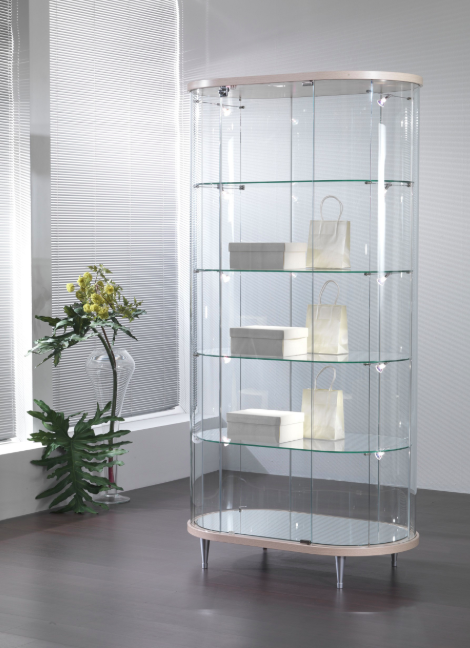 Vetrina da negozio ovale con cristalli temperati e faretti LED cm. 96x56x190h