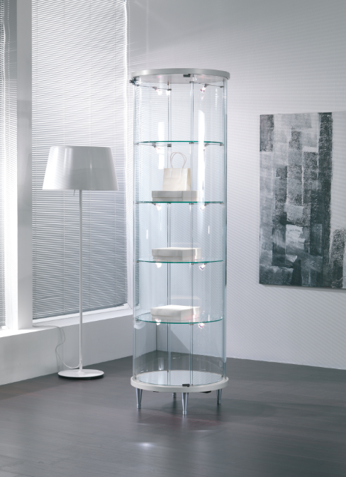 Vetrina esposizione rotonda con piani regolabili e faretti a LED cm. 70x70x190h