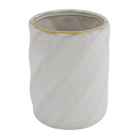 Bicchiere Porta Spazzolini Ceramica Rigato Obbliquo Bianco Bordo Oro Arredo Bagno 87799