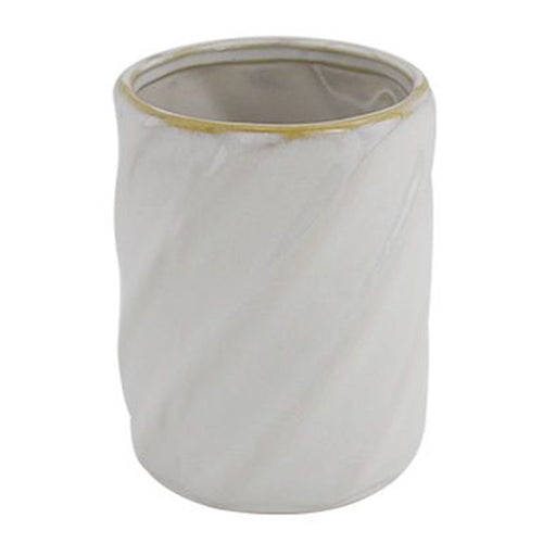 Bicchiere Porta Spazzolini Ceramica Rigato Obbliquo Bianco Bordo Oro Arredo Bagno 87799