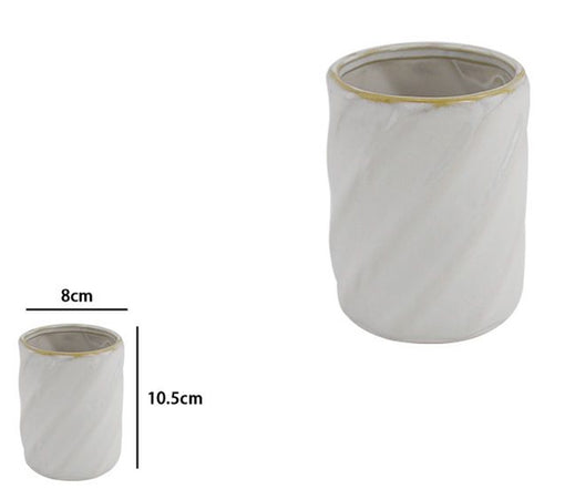 Bicchiere Porta Spazzolini Ceramica Rigato Obbliquo Bianco Bordo Oro Arredo Bagno 87799