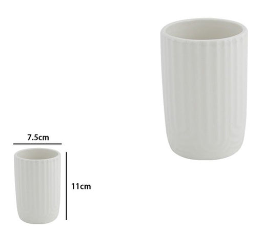 Bicchiere Porta Spazzolini Dentifricio Arredo Bagno In Ceramica Rigata Bianca 87803