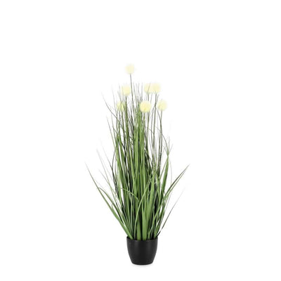 Pianta artificiale Eriophorum con fiori bianchi, vaso in plastica nero