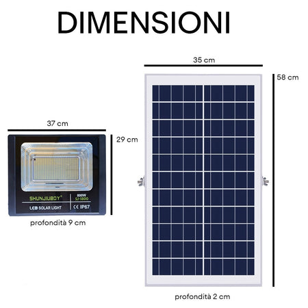 Faretto Led Esterno Con Pannello Energia Solare 800 W Batteria 12 Ore Faro Ip67