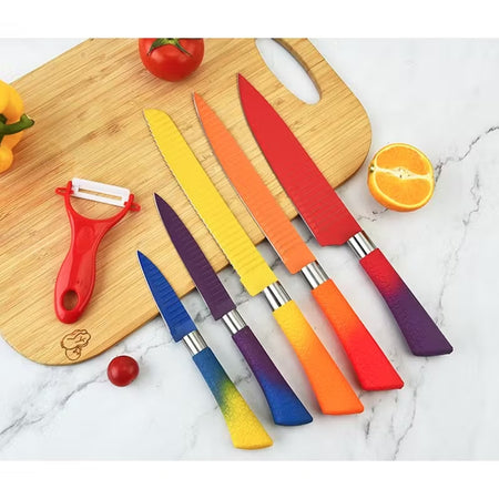 Set Di Coltelli Da 6pz Colorati Con Lama In Rilievo Maniglia Antiscivolo Utensili Cucina
