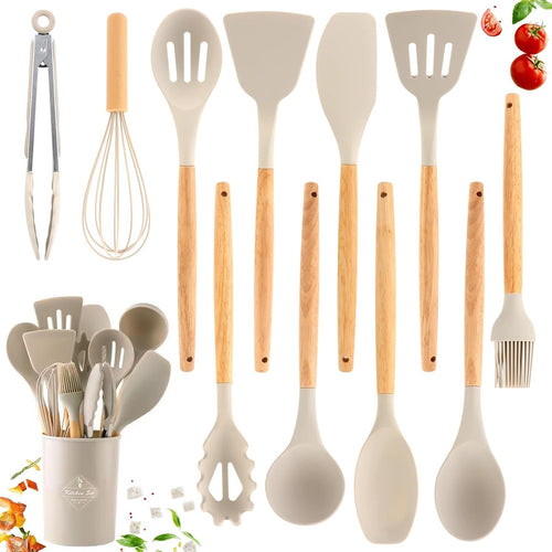 Set 12 Attrezzi Cucina In Silicone Antiaderente Con Porta Utensili Manico In Legno