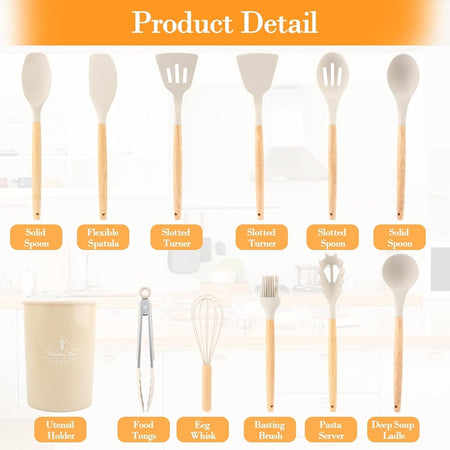 Set 12 Attrezzi Cucina In Silicone Antiaderente Con Porta Utensili Manico In Legno