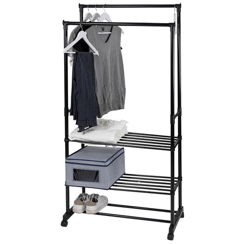 Appendiabiti Multistand Armadio In Metallo Altezza Regolabile 2 Aste 4 Ruote 3 Ripiani