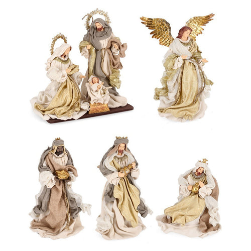 Natività con 3 Re magi e angelo con vestiti in tessuto color oro statue per presepe
