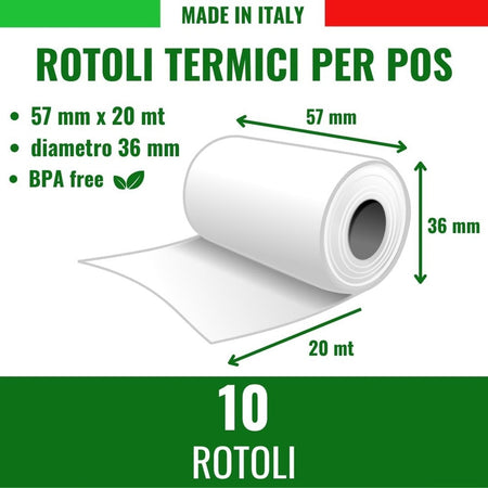 Kit 10 Rotoli Pos In Carta Termica 57mmx20mt Universali Compatibili Con Dispositivi Pos