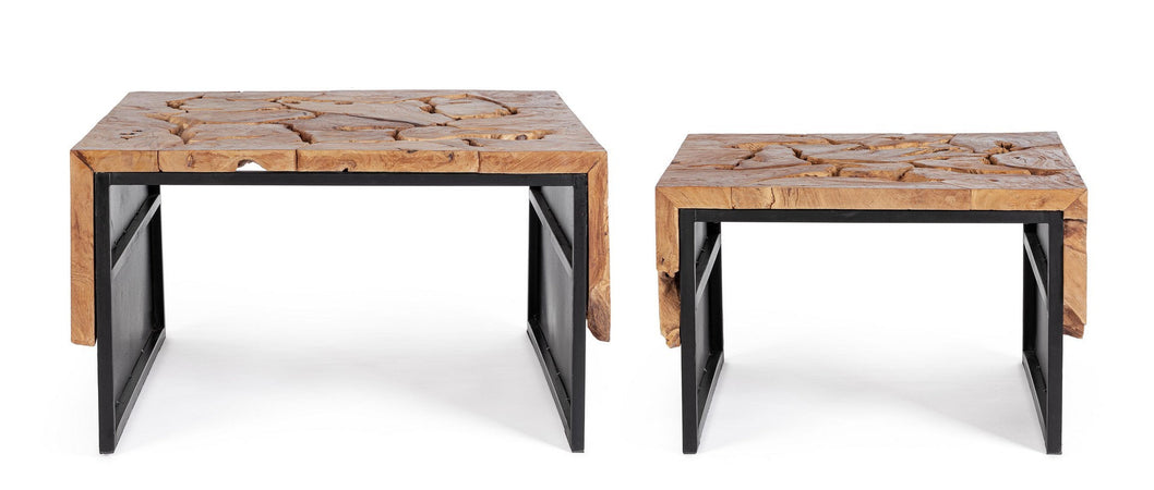 Tavolino "Grenada" base in acciaio e piano in radici di teak per interni