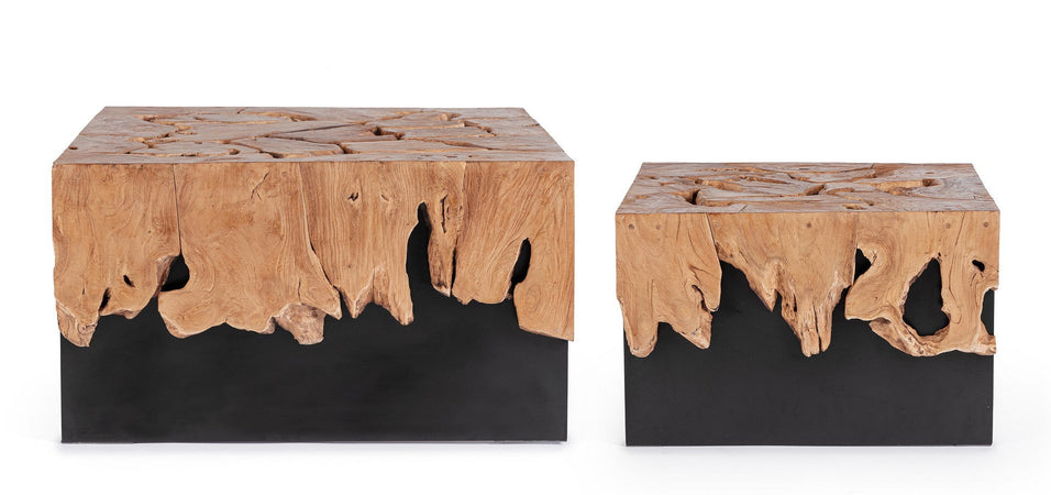 Tavolino "Grenada" base in acciaio e piano in radici di teak per interni