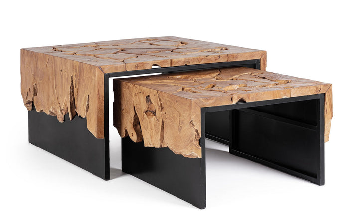 Tavolino "Grenada" base in acciaio e piano in radici di teak per interni