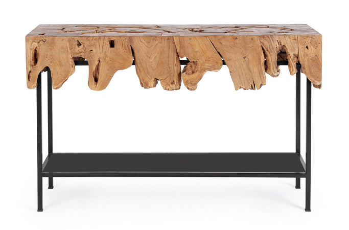 Consolle "Grenada" con piano in radici di teak con base in acciaio per interni