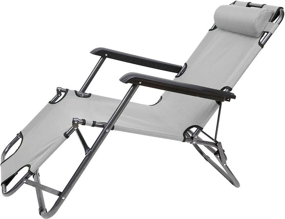 Sedia A Sdraio Lettino Pieghevole Reclinabile In Metallo Con Poggiatesta Grigio 017055