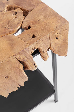 Consolle "Grenada" con piano in radici di teak con base in acciaio per interni