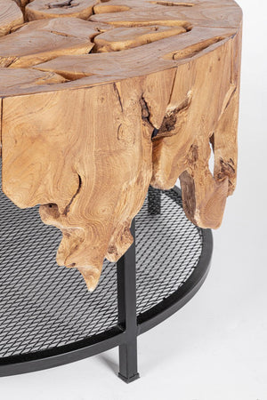 Tavolino "Grenada" base in acciaio e piano in radici di teak per interni