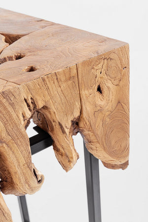Consolle "Grenada" con piano in radici di teak con base in acciaio per interni