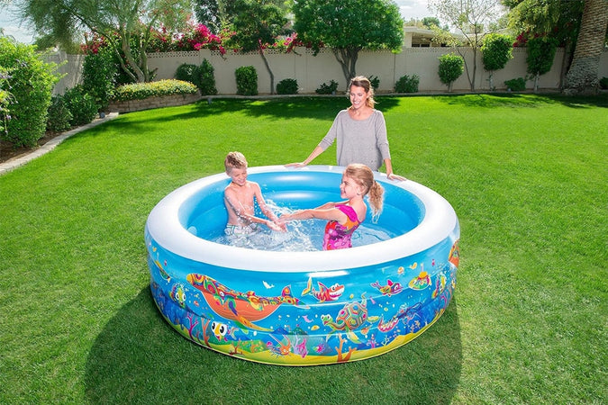Piscina Rotonda Gonfiabile Per Bambini 196x53 Cm A 3 Anelli Fantasia Pesci 016133