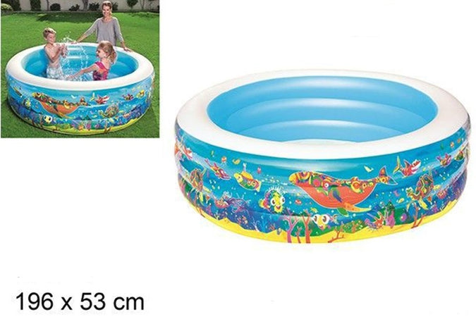 Piscina Rotonda Gonfiabile Per Bambini 196x53 Cm A 3 Anelli Fantasia Pesci 016133