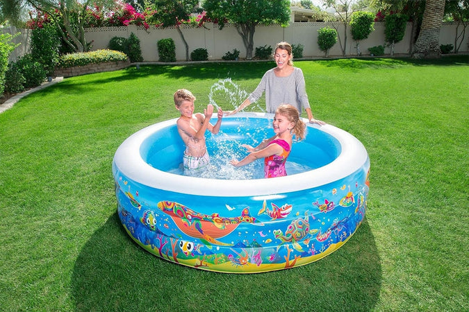 Piscina Rotonda Gonfiabile Per Bambini 196x53 Cm A 3 Anelli Fantasia Pesci 016133