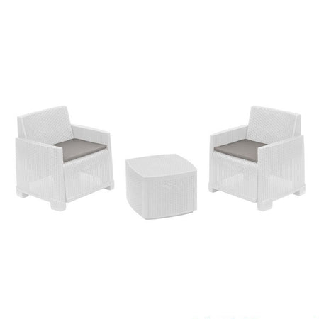 Set Salotto Esterno Con 2 Poltrone Tavolino Contenitore Effetto Rattan Cuscini Giardino