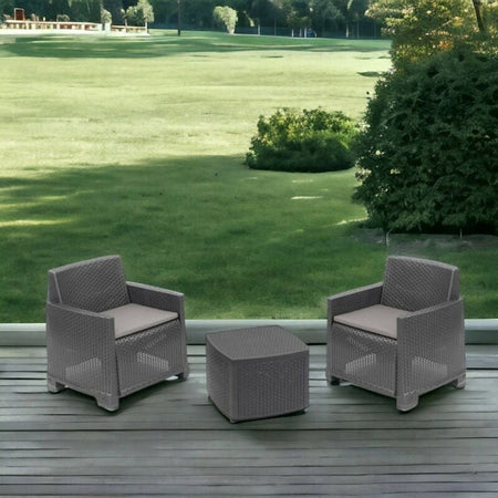 Set Salotto Esterno Con 2 Poltrone Tavolino Contenitore Effetto Rattan Cuscini Giardino