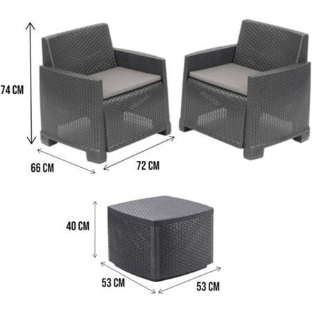 Set Salotto Esterno Con 2 Poltrone Tavolino Contenitore Effetto Rattan Cuscini Giardino