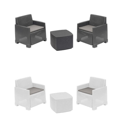 Set Salotto Esterno Con 2 Poltrone Tavolino Contenitore Effetto Rattan Cuscini Giardino