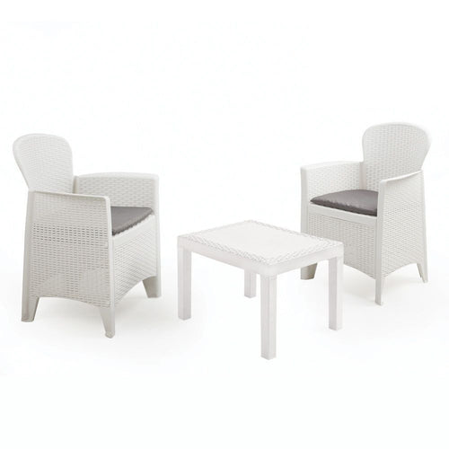 Set Salotto Con Tavolino 2 Poltrone Bianco Effetto Rattan Con Cuscini Giardino 591073