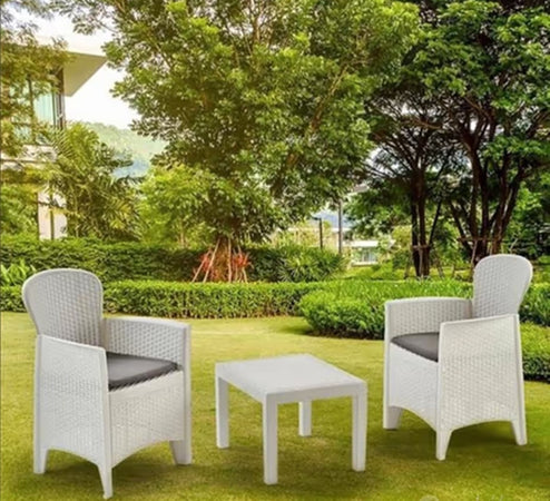 Set Salotto Con Tavolino 2 Poltrone Bianco Effetto Rattan Con Cuscini Giardino 591073