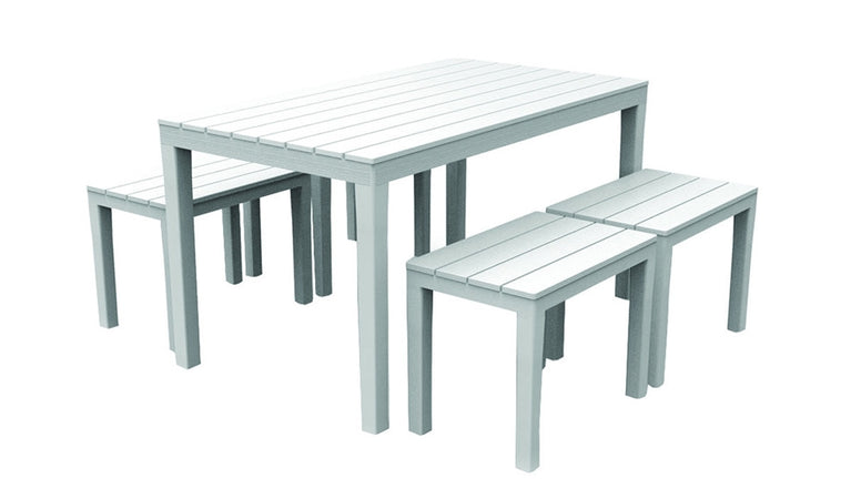 Set Salotto Samoa Da 5pz Con Tavolo Rettangolare 4 Panche 4 Posti Bianco Arredo 090644