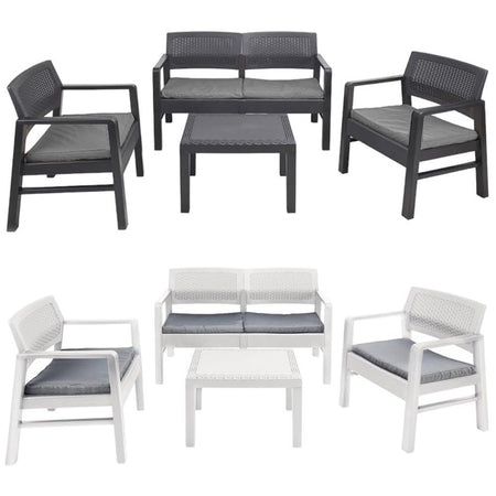 Set Salotto Giardino Esterno Con Divano 2 Poltrone Tavolino Effetto Rattan Con Cuscini