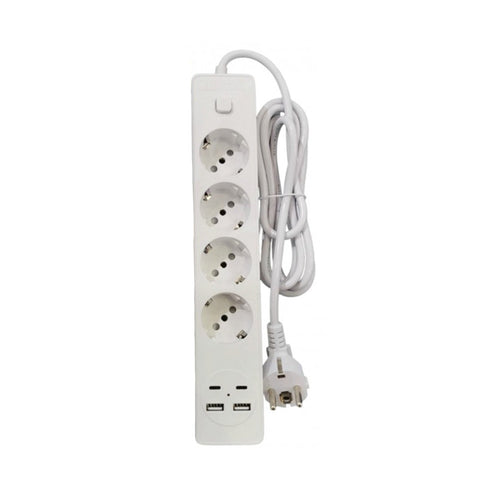 Multipresa A 4 Posti Con 2 Prese Usb-a + 2 Prese Usb-c Interruttore Bianco Cavo Da 2mt