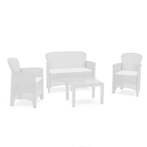 Set Salotto Giardino Con Divano 2 Poltrone Tavolino Cuscini Effetto Rattan Bianco 156036