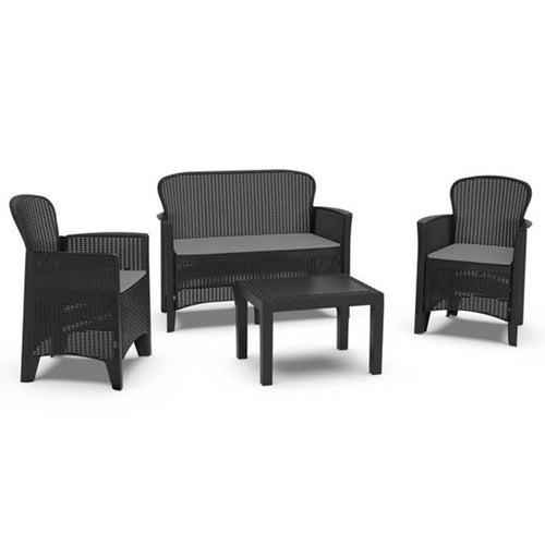 Set Salotto Giardino Divano 2 Poltrone Tavolino Cuscini Effetto Rattan Antracite 156043