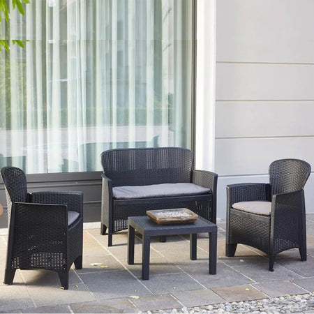 Set Salotto Giardino Divano 2 Poltrone Tavolino Cuscini Effetto Rattan Antracite 156043