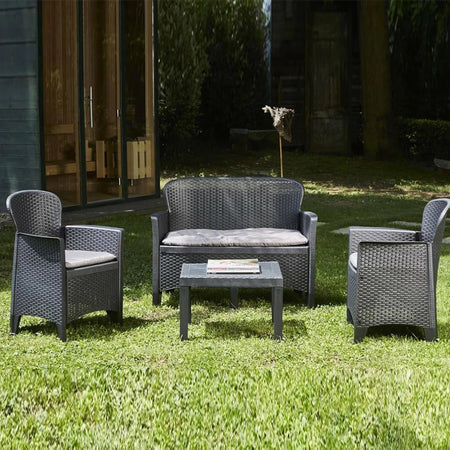 Set Salotto Giardino Divano 2 Poltrone Tavolino Cuscini Effetto Rattan Antracite 156043