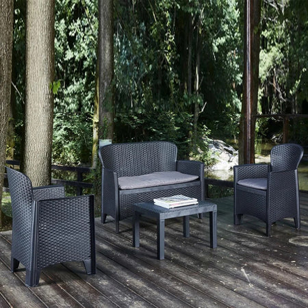 Set Salotto Giardino Divano 2 Poltrone Tavolino Cuscini Effetto Rattan Antracite 156043