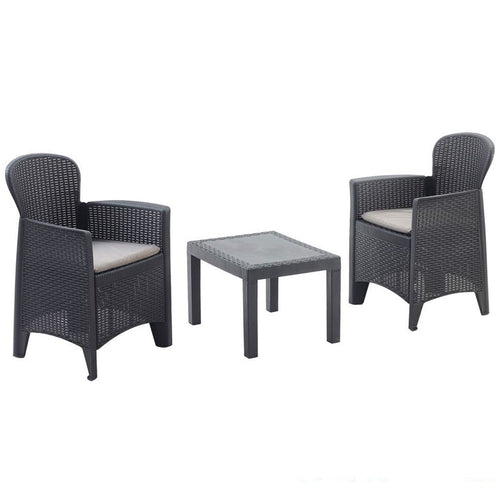 Set Salotto Con Tavolino 2 Poltrone Antracite Effetto Rattan Con Cuscini Giardino 591042