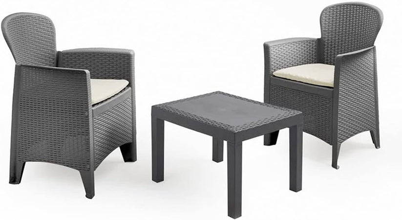 Set Salotto Con Tavolino 2 Poltrone Antracite Effetto Rattan Con Cuscini Giardino 591042
