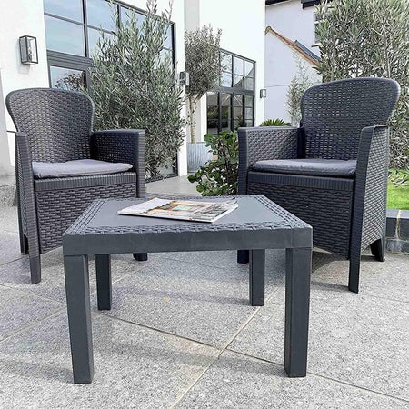 Set Salotto Con Tavolino 2 Poltrone Antracite Effetto Rattan Con Cuscini Giardino 591042