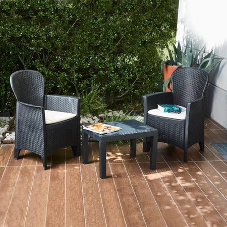 Set Salotto Con Tavolino 2 Poltrone Antracite Effetto Rattan Con Cuscini Giardino 591042