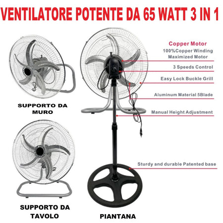 Ventilatore 3in1 A Piantana Tavolo Muro 50cm 65 Watt Con 5 Pale 3 Velocità 6057002ml