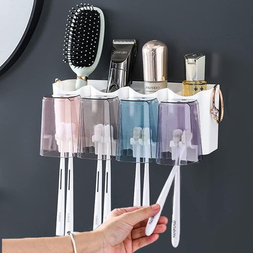 Portaspazzolino Adesivo Multifunzione Organizer Per Spazzolino Denti Con 4 Tazze + 4 Slot