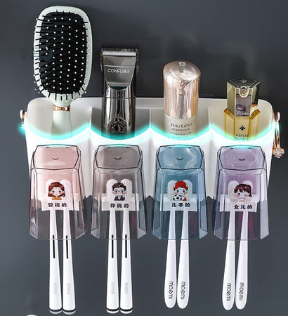 Portaspazzolino Adesivo Multifunzione Organizer Per Spazzolino Denti Con 4 Tazze + 4 Slot