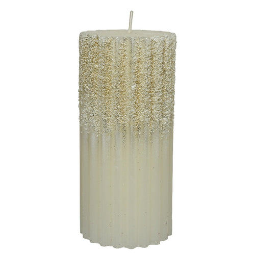 Candela decorativa in cera rigata con Glitter color Bianco Lana