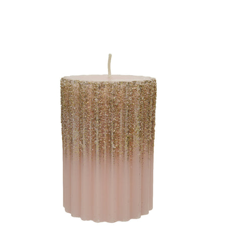 Candela decorativa in cera rigata con Glitter color Rosa Blush