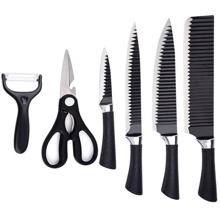 Set Di Coltelli Da Cucina In Acciaio 6pz Manico In Silicone Con Motivo Ondulato Nero