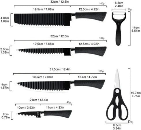 Set Di Coltelli Da Cucina In Acciaio 6pz Manico In Silicone Con Motivo Ondulato Nero
